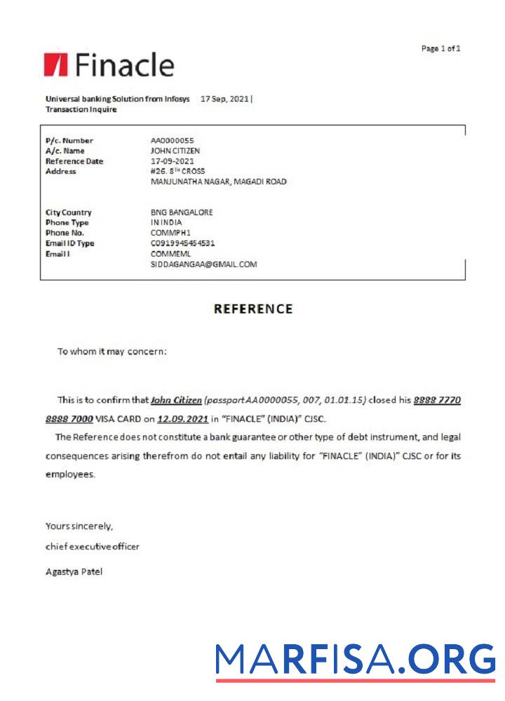 Printable India Finacle bank closure reference real example